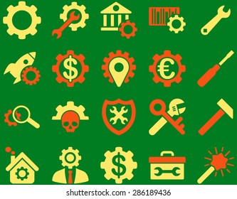 Settings and Tools Icons. Vector set style: bicolor flat images, orange and yellow colors, isolated on a green background.