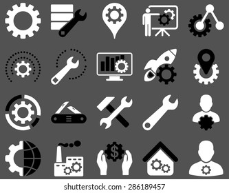 Settings and Tools Icons. Vector set style: bicolor flat images, black and white colors, isolated on a gray background.