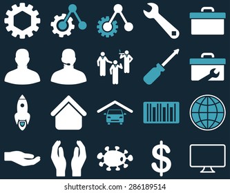 Settings and Tools Icons. Vector set style: bicolor flat images, blue and white colors, isolated on a dark blue background.