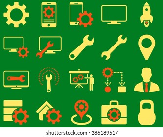 Settings and Tools Icons. Vector set style: bicolor flat images, orange and yellow colors, isolated on a green background.
