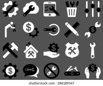 Settings and Tools Icons. Vector set style: bicolor flat images, black and white colors, isolated on a gray background.