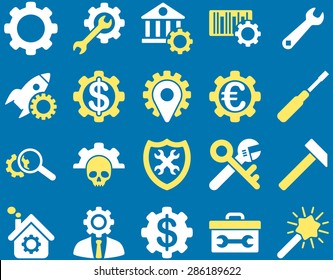 Settings and Tools Icons. Vector set style: bicolor flat images, yellow and white colors, isolated on a blue background.
