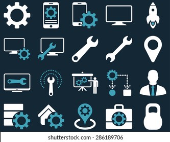 Settings and Tools Icons. Vector set style: bicolor flat images, blue and white colors, isolated on a dark blue background.