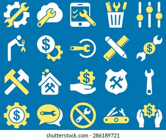 Settings and Tools Icons. Vector set style: bicolor flat images, yellow and white colors, isolated on a blue background.