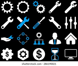 Settings and Tools Icons. Vector set style: bicolor flat images, blue and white colors, isolated on a black background.