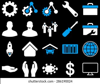 Settings and Tools Icons. Vector set style: bicolor flat images, blue and white colors, isolated on a black background.