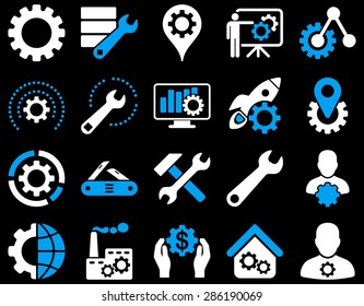 Settings and Tools Icons. Vector set style: bicolor flat images, blue and white colors, isolated on a black background.