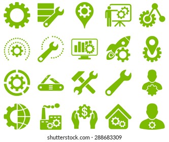 Settings and Tools Icons. Vector set style: flat images, eco green color, isolated on a white background.