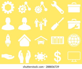 Settings and Tools Icons. Vector set style: flat images, white color, isolated on a yellow background.