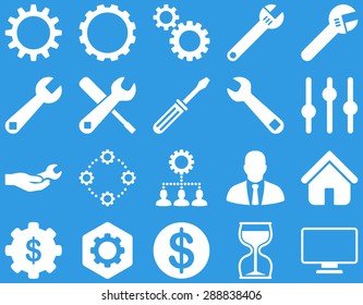 Settings and Tools Icons. Vector set style: flat images, white color, isolated on a blue background.