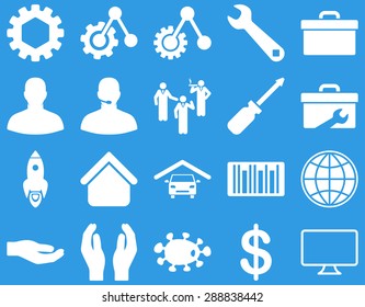 Settings and Tools Icons. Vector set style: flat images, white color, isolated on a blue background.