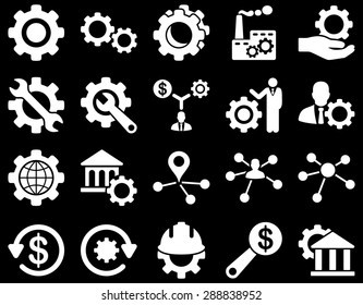Settings and Tools Icons. Vector set style: flat images, white color, isolated on a black background.