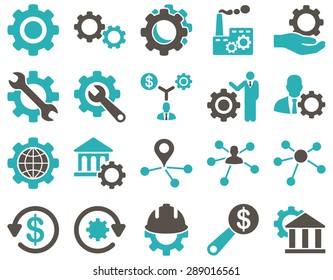 Settings and Tools Icons. Vector set style: bicolor flat images, grey and cyan colors, isolated on a white background.