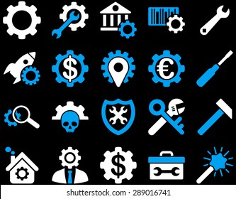 Settings and Tools Icons. Vector set style: bicolor flat images, blue and white colors, isolated on a black background.