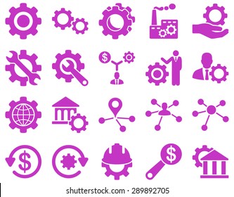 Settings and Tools Icons. Vector set style: flat images, violet color, isolated on a white background.