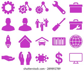 Settings and Tools Icons. Vector set style: flat images, violet color, isolated on a white background.