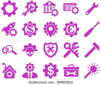 Settings and Tools Icons. Vector set style: flat images, violet color, isolated on a white background.