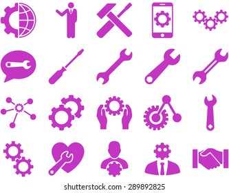 Settings and Tools Icons. Vector set style: flat images, violet color, isolated on a white background.