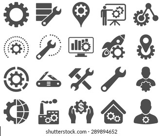 Settings and Tools Icons. Vector set style: flat images, gray color, isolated on a white background.