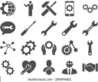 Settings and Tools Icons. Vector set style: flat images, gray color, isolated on a white background.