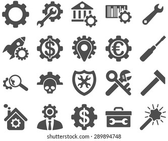 Settings and Tools Icons. Vector set style: flat images, gray color, isolated on a white background.