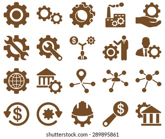 Settings and Tools Icons. Vector set style: flat images, brown color, isolated on a white background.