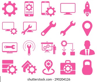 Settings and Tools Icons. Vector set style: flat images, pink color, isolated on a white background.