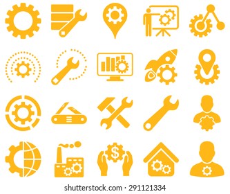 Settings and Tools Icons. Vector set style: flat images, yellow color, isolated on a white background.