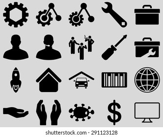 Settings and Tools Icons. Vector set style: flat images, black color, isolated on a light gray background.