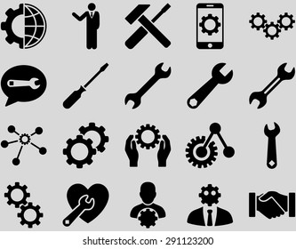 Settings and Tools Icons. Vector set style: flat images, black color, isolated on a light gray background.