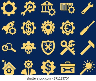 Settings and Tools Icons. Vector set style: flat images, yellow color, isolated on a blue background.