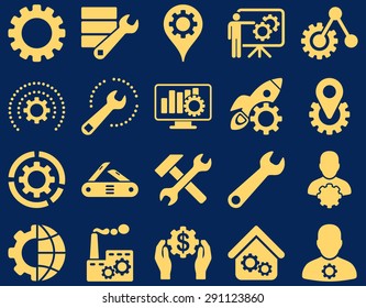 Settings and Tools Icons. Vector set style: flat images, yellow color, isolated on a blue background.