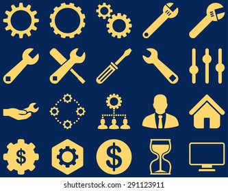 Settings and Tools Icons. Vector set style: flat images, yellow color, isolated on a blue background.