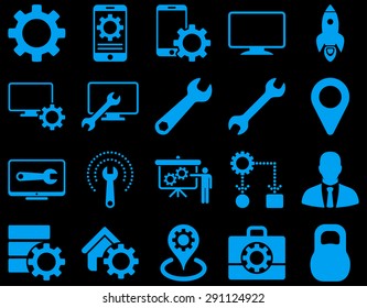 Settings and Tools Icons. Vector set style: flat images, blue color, isolated on a black background.