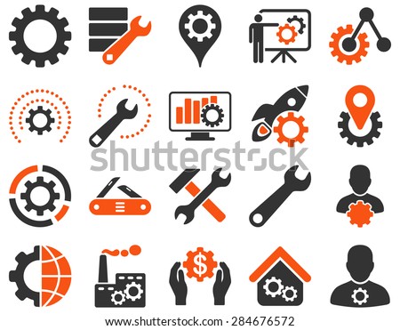 Settings and Tools Icons. Vector set style: bicolor flat images, orange and gray colors, isolated on a white background.