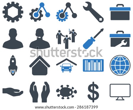 Settings and Tools Icons. Vector set style: bicolor flat images, smooth blue colors, isolated on a white background.