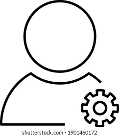 Settings of user or person - modern thin line icon with symbol of magnifier in right bottom corner. Simple black outline vector illustration.