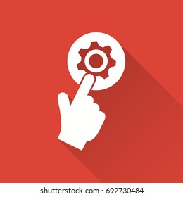 Settings vector icon with long shadow. White illustration isolated on red background for graphic and web design.