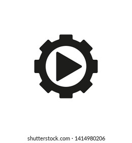 Settings vector icon symbol. Play Button tools, Cog, Gear Sign Isolated on white background. Help options account concept. Trendy Flat style for graphic design, logo, Web site, social media, UI, app.