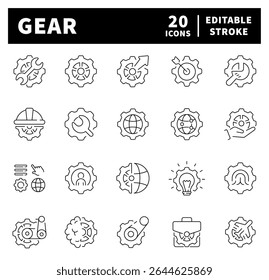 Settings vector icons. Gear icon set. Thin line settings icon collection. Options, configuration, preferences, adjustments, operation, gear, control panel, equalizer, optimization, setup icons