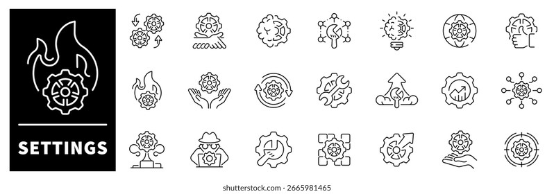 Settings vector icons in line style. Settings gears. Gear icons set. Settings related icon set
