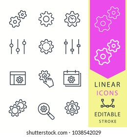 Settings vector icons set. Black illustration isolated for graphic and web design. Editable stroke. Cog, gear, cogwheel, ets.