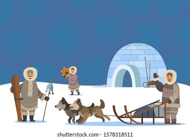 Settlement of arctic people. Characters living in cold climate. Igloo house made of ice cubes. Man traveling using sledges and husky dogs. Male with spire and hunted fish on stick, vector in flat