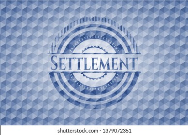 Settlement blue badge with geometric pattern.