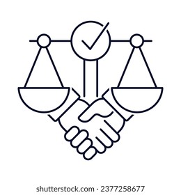  Settlement of controversial issues in court. Peaceful resolution of conflicts. Compromise. Vector linear icon isolated on white background.