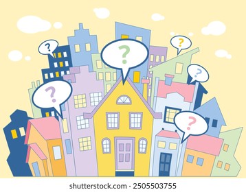 Settlement illustration concept. Drawing of different houses and buildings.