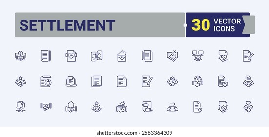 Settlement linear icon collection. Icons form, deal, signature, agreement, on and more. Outline icon. Vector icons editable stroke.