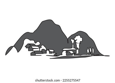 Settlements and traditional factories in mountains in firs snow silhouette. Vector illustration of settlements houses, factories and mountains. Iconic of semi-modern community life in the mountains