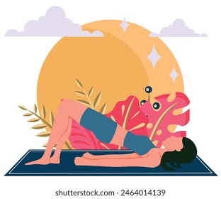 Setu Bandha Sarvangasana. Yoga position. A girl on a rug against a background of nature with plants and the sun. Vector flat illustration