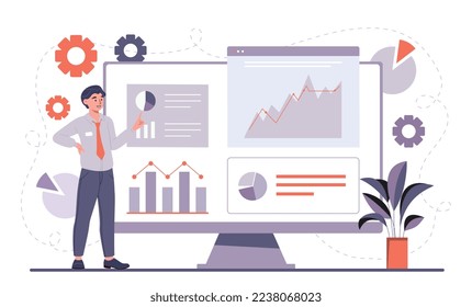 Setup analytics concept. Man stands in front of computer monitor and looks at graphs and charts. Programmer and IT specialist. Modern technologies and digital world. Cartoon flat vector illustration